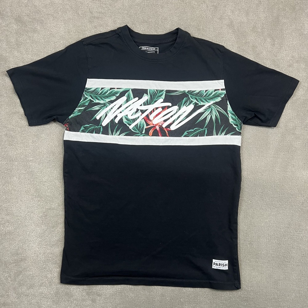Parish Nation T-Shirt Mens Large Black Tropical Floral Graphic Cotton Tee